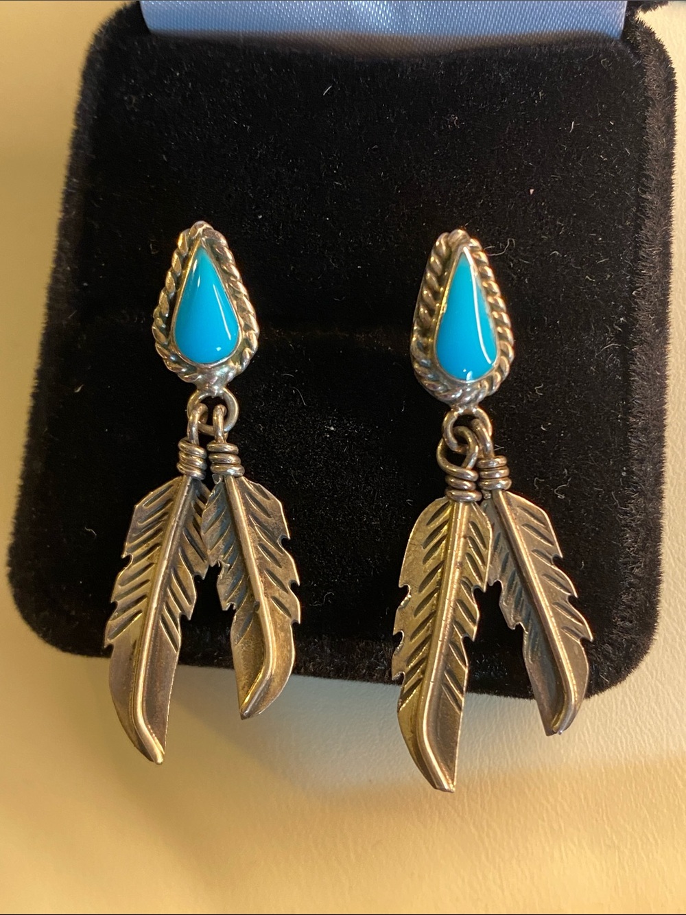 Vintage Native American Sterling Silver Turquoise Feather Earrings